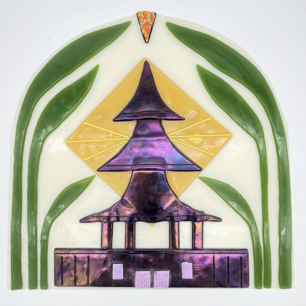 Vtg Stained Glass Wall Art  Purple Dichroic Pagoda Yellow Diamond Motif MCM